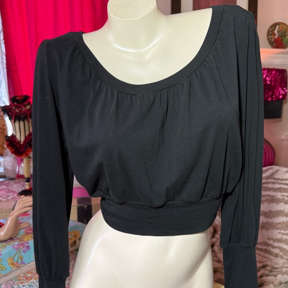 EUC VTG Stop Staring Black Long Sleeve 100% Cotton 50’s Blouse / Crop Top Small